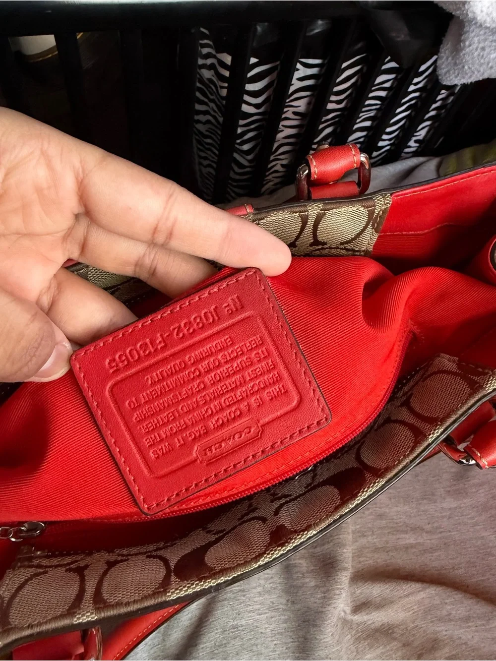 Coach Beige Signature Canvas Shoulder Bag with Coral-Red Leather Trim